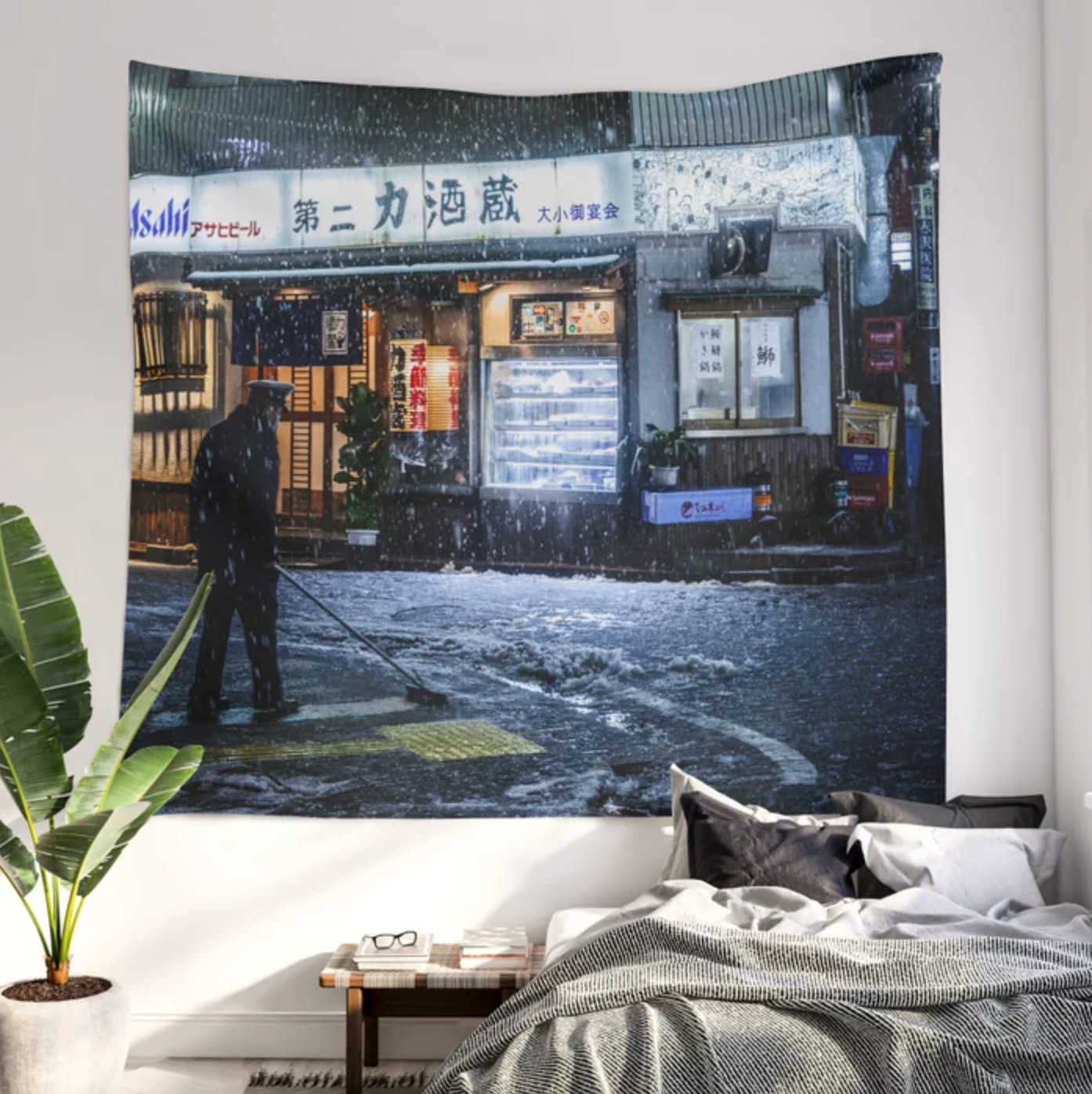 Snowy Tokyo Nights Wall Tapestry