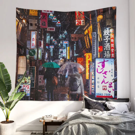 Snowy Tokyo Night Wall Tapestry
