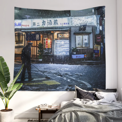 Snowy Tokyo Nights Wall Tapestry
