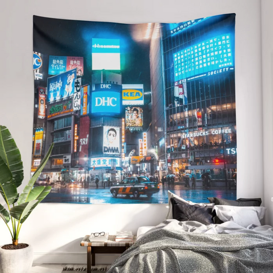Tokyo Taxi Shibuya Crossing Nightscape Wall Tapestry