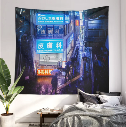 Rainy Tokyo Night Indoor Wall Tapestry