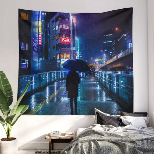 Rainy Cyberpunk Tokyo Wall Tapestries