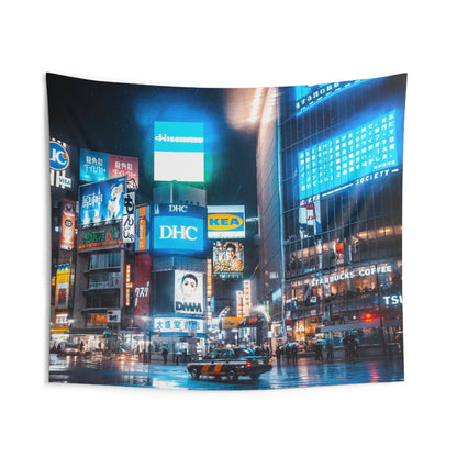 Tokyo Taxi Shibuya Crossing Nightscape Wall Tapestry