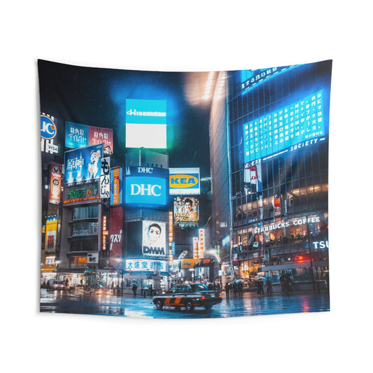 Tokyo Taxi Shibuya Crossing Nightscape Wall Tapestry