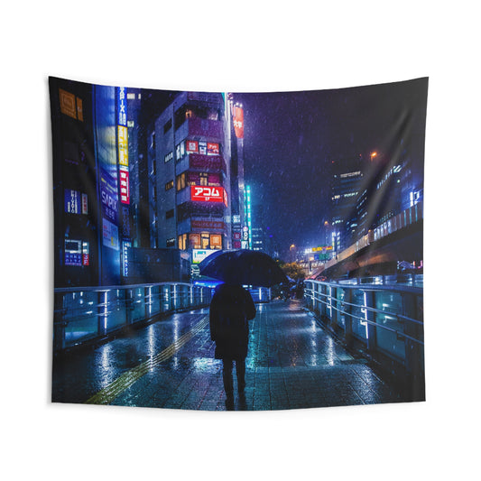 Rainy Cyberpunk Tokyo Wall Tapestries